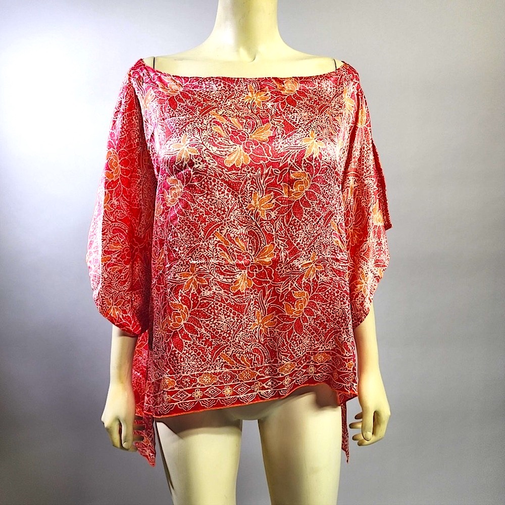 Subtle Luxury Red Orange Paisley Print Silk Kimono Style Summer Blouse LARGE